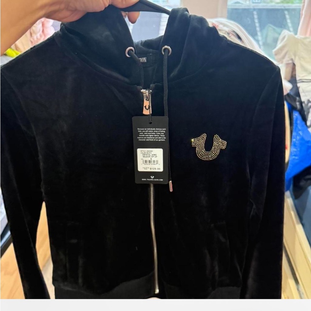True Religion Black Zip-Up Cropped Hoodie Jacket with Ribbed Hem - Picture 3 of 3
